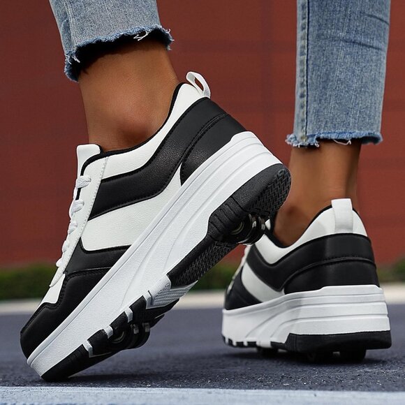 Kids Black-white Detachable Wheeled Fashion Sneakers Roller Skate Shoes - Picture 3 of 5